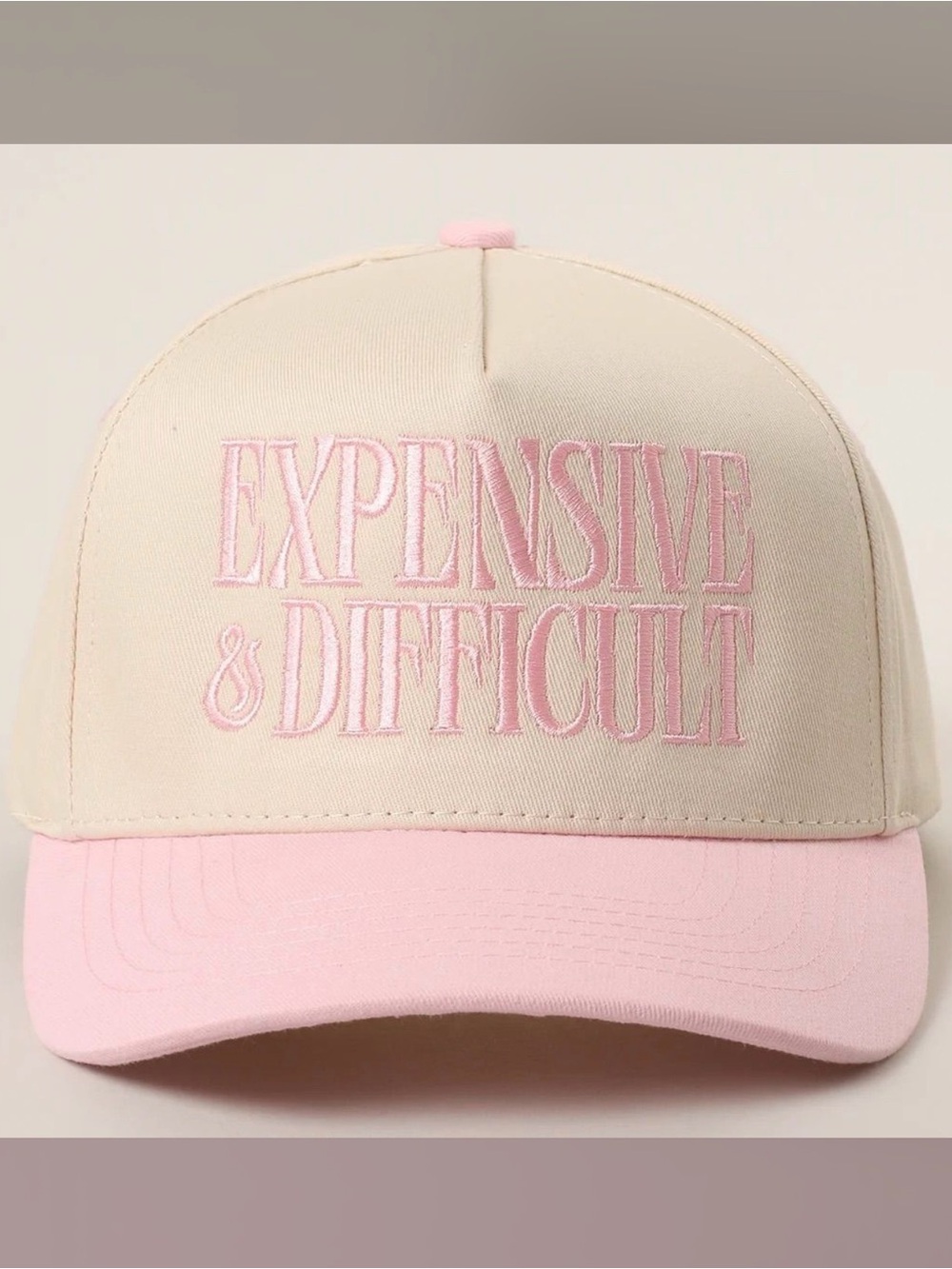 Expensive & Difficult Embroidered Pink and Cream Trucker Hat